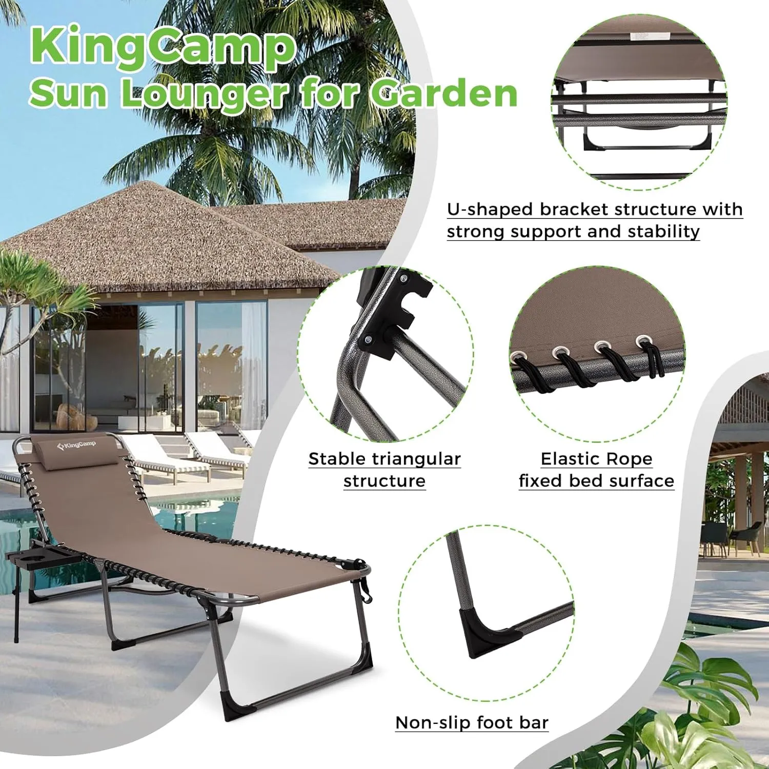 KingCamp Folding Chaise Lounge Chair for Outside Beach, Sunbathing, Patio, Pool, Lawn, Deck, Lay Flat Camping Reclining Lounge Chair with Pillow & Side Table （2 Pack, Beige）
