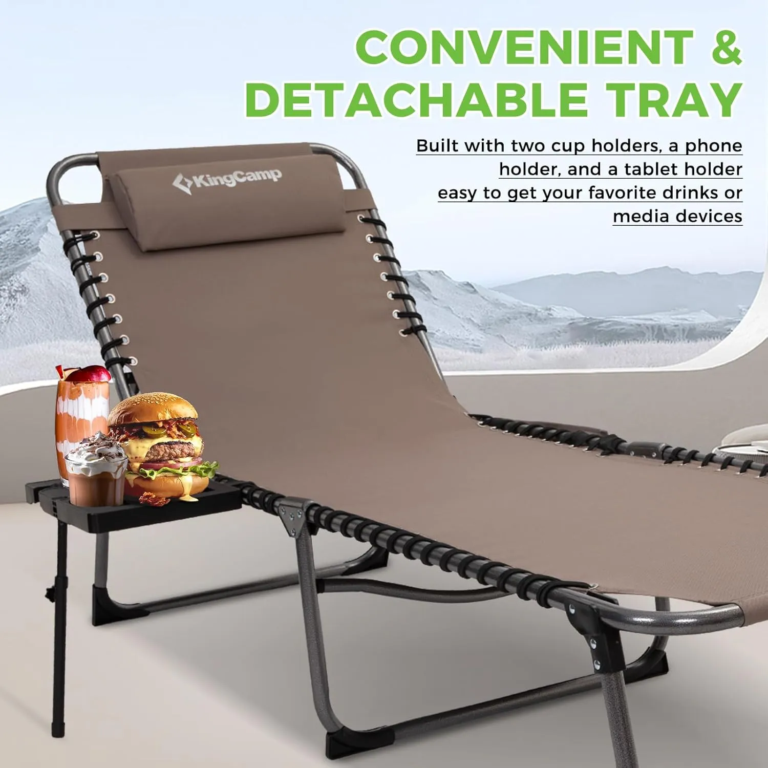 KingCamp Folding Chaise Lounge Chair for Outside Beach, Sunbathing, Patio, Pool, Lawn, Deck, Lay Flat Camping Reclining Lounge Chair with Pillow & Side Table （2 Pack, Beige）