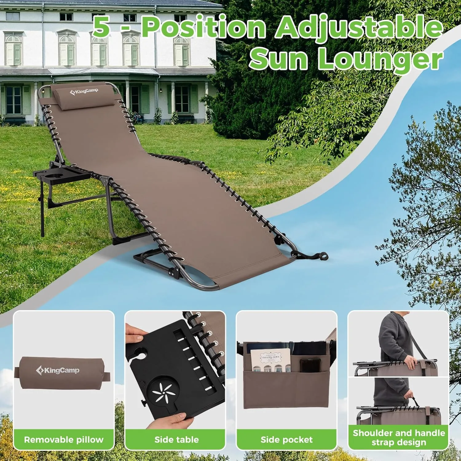 KingCamp Folding Chaise Lounge Chair for Outside Beach, Sunbathing, Patio, Pool, Lawn, Deck, Lay Flat Camping Reclining Lounge Chair with Pillow & Side Table （2 Pack, Beige）
