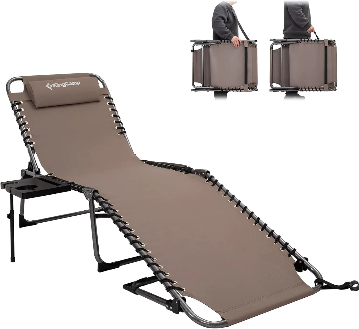 KingCamp Folding Chaise Lounge Chair for Outside Beach, Sunbathing, Patio, Pool, Lawn, Deck, Lay Flat Camping Reclining Lounge Chair with Pillow & Side Table （2 Pack, Beige）