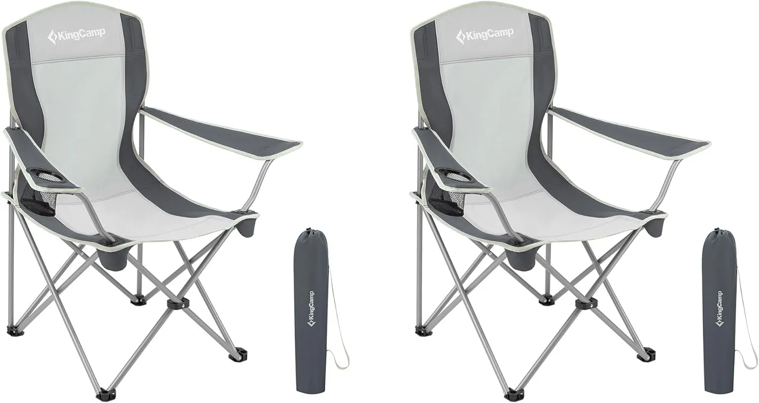 KingCamp Lightweight Folding Outdoor Lounge Chair w/Cupholder and Adjustable Armrests for Camping, Sporting Events, or Tailgating, 2 Pack, Black/Grey