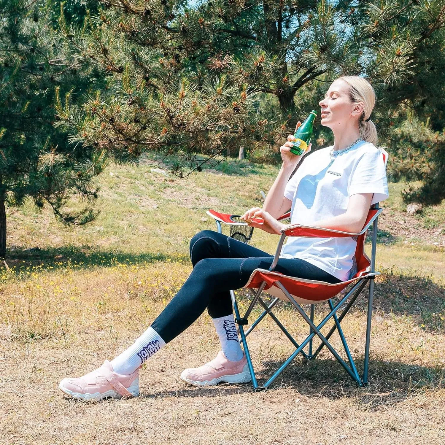 KingCamp Lightweight Folding Outdoor Lounge Chair with Cupholder and Adjustable Armrests for Camping, Sporting Events, or Tailgating, Red/Gray