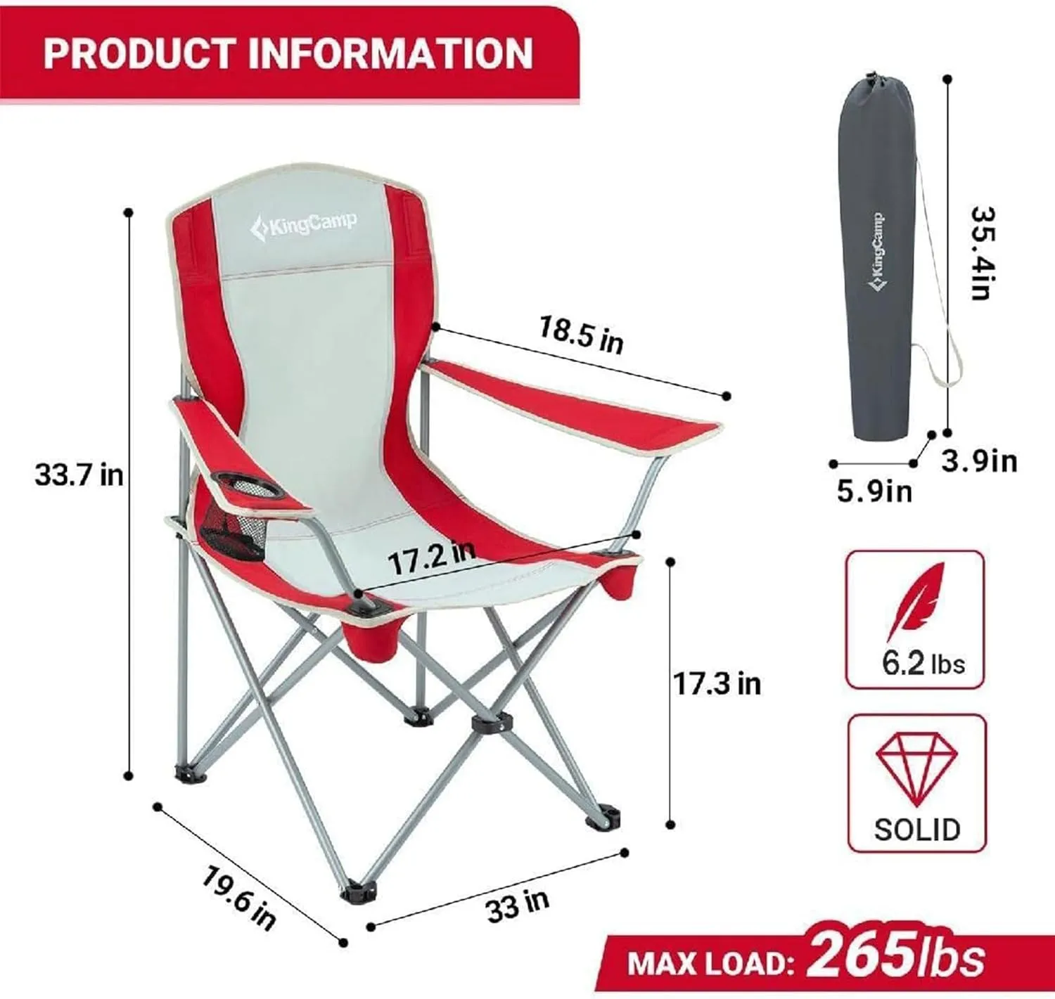KingCamp Lightweight Folding Outdoor Lounge Chair with Cupholder and Adjustable Armrests for Camping, Sporting Events, or Tailgating, Red/Gray