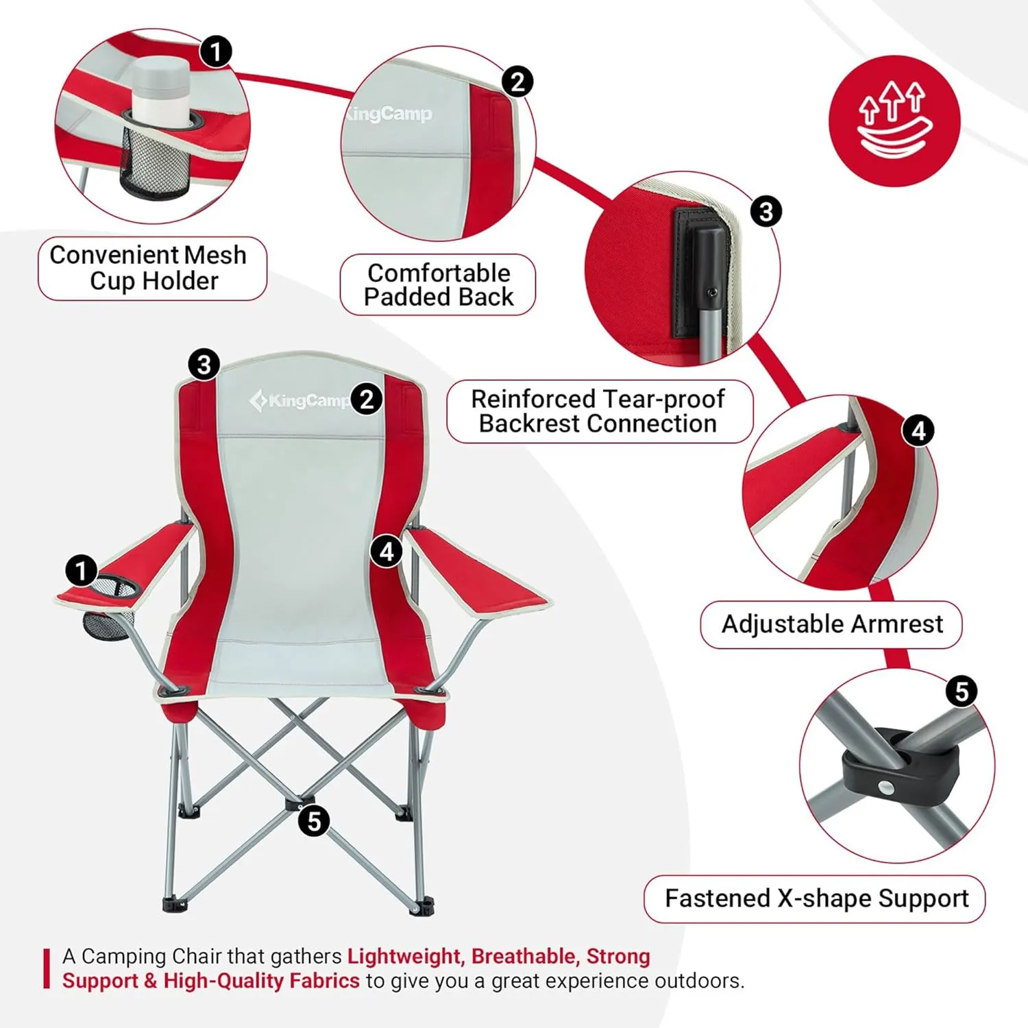 KingCamp Lightweight Folding Outdoor Lounge Chair with Cupholder and Adjustable Armrests for Camping, Sporting Events, or Tailgating, Red/Gray