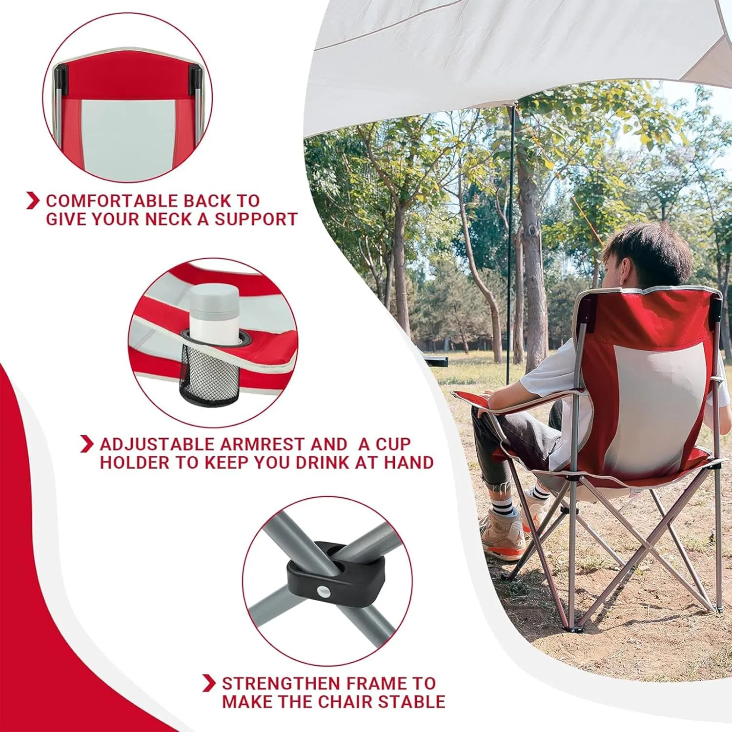 KingCamp Lightweight Folding Outdoor Lounge Chair with Cupholder and Adjustable Armrests for Camping, Sporting Events, or Tailgating, Red/Gray