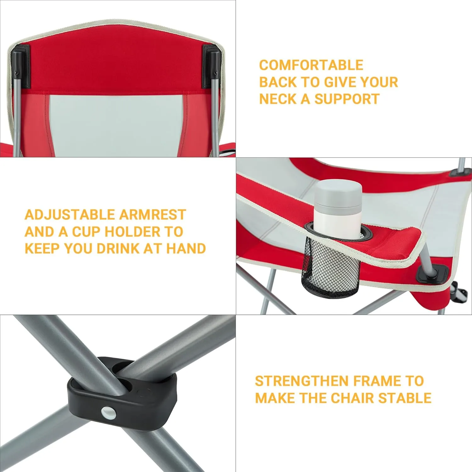 KingCamp Lightweight Folding Outdoor Lounge Chair with Cupholder and Adjustable Armrests for Camping, Sporting Events, or Tailgating, Red/Gray