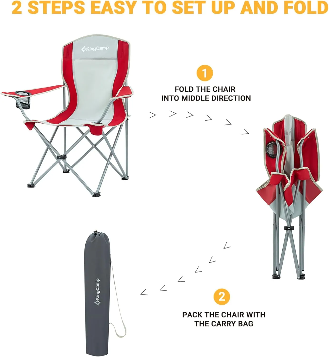 KingCamp Lightweight Folding Outdoor Lounge Chair with Cupholder and Adjustable Armrests for Camping, Sporting Events, or Tailgating, Red/Gray