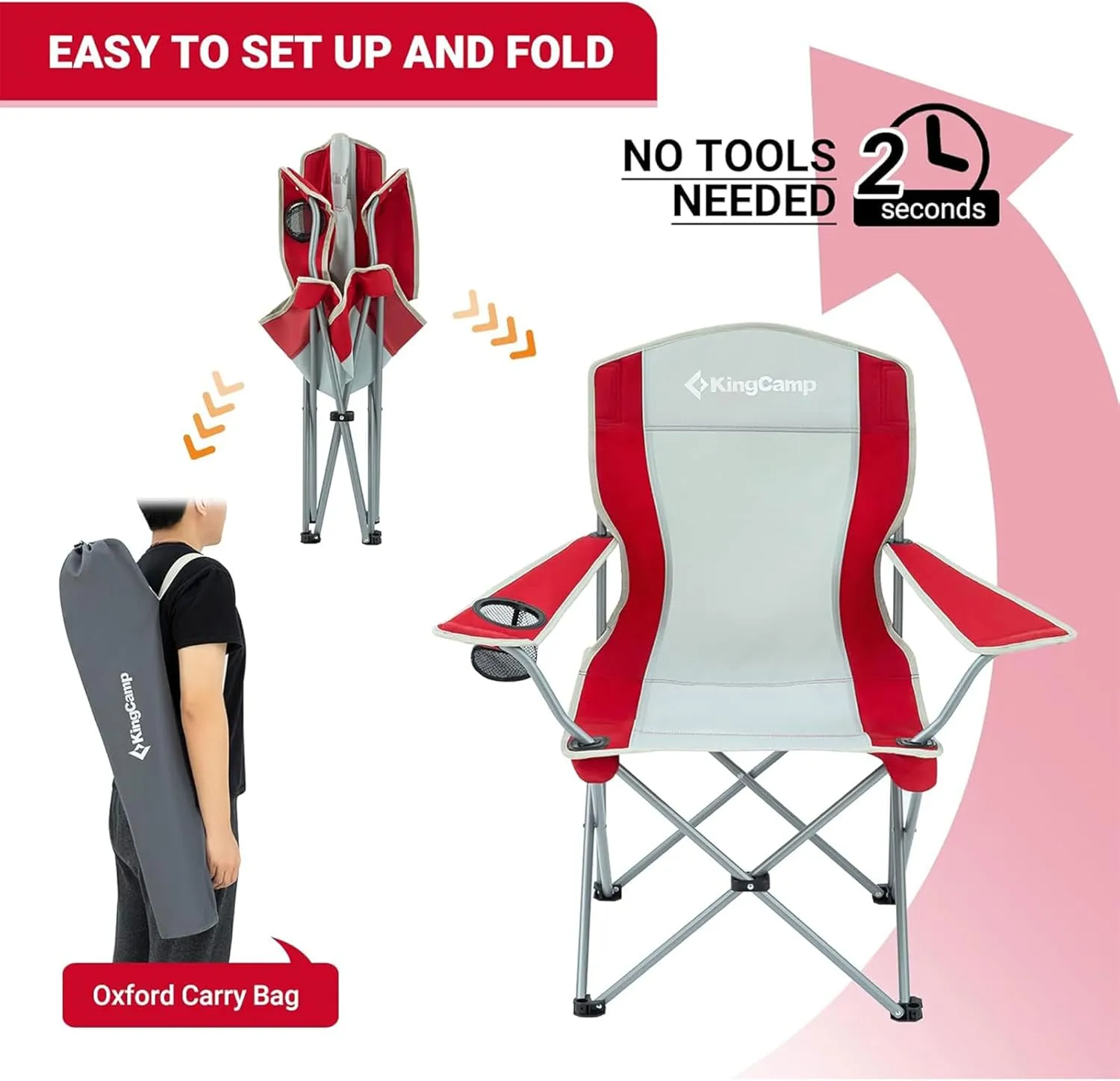 KingCamp Lightweight Folding Outdoor Lounge Chair with Cupholder and Adjustable Armrests for Camping, Sporting Events, or Tailgating, Red/Gray