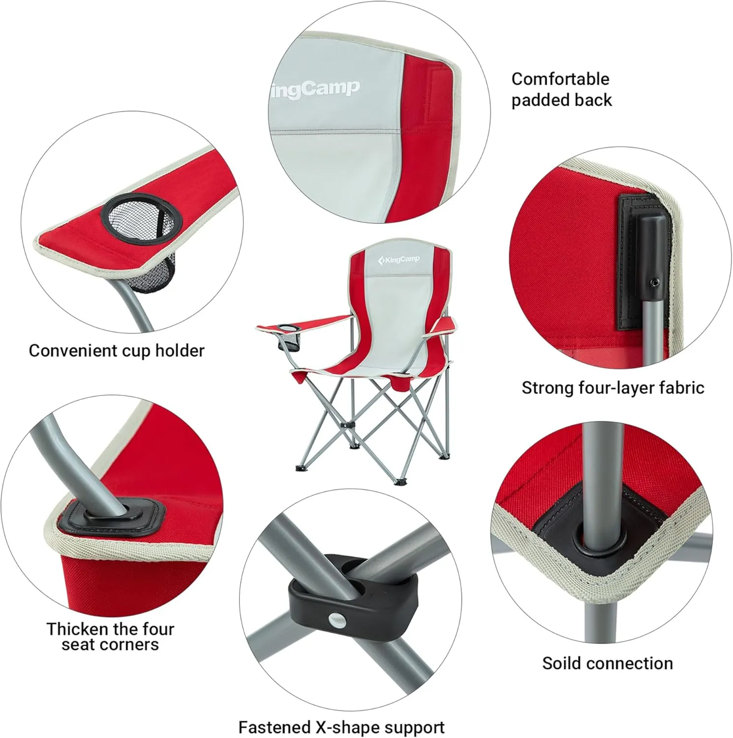 KingCamp Lightweight Folding Outdoor Lounge Chair with Cupholder and Adjustable Armrests for Camping, Sporting Events, or Tailgating, Red/Gray
