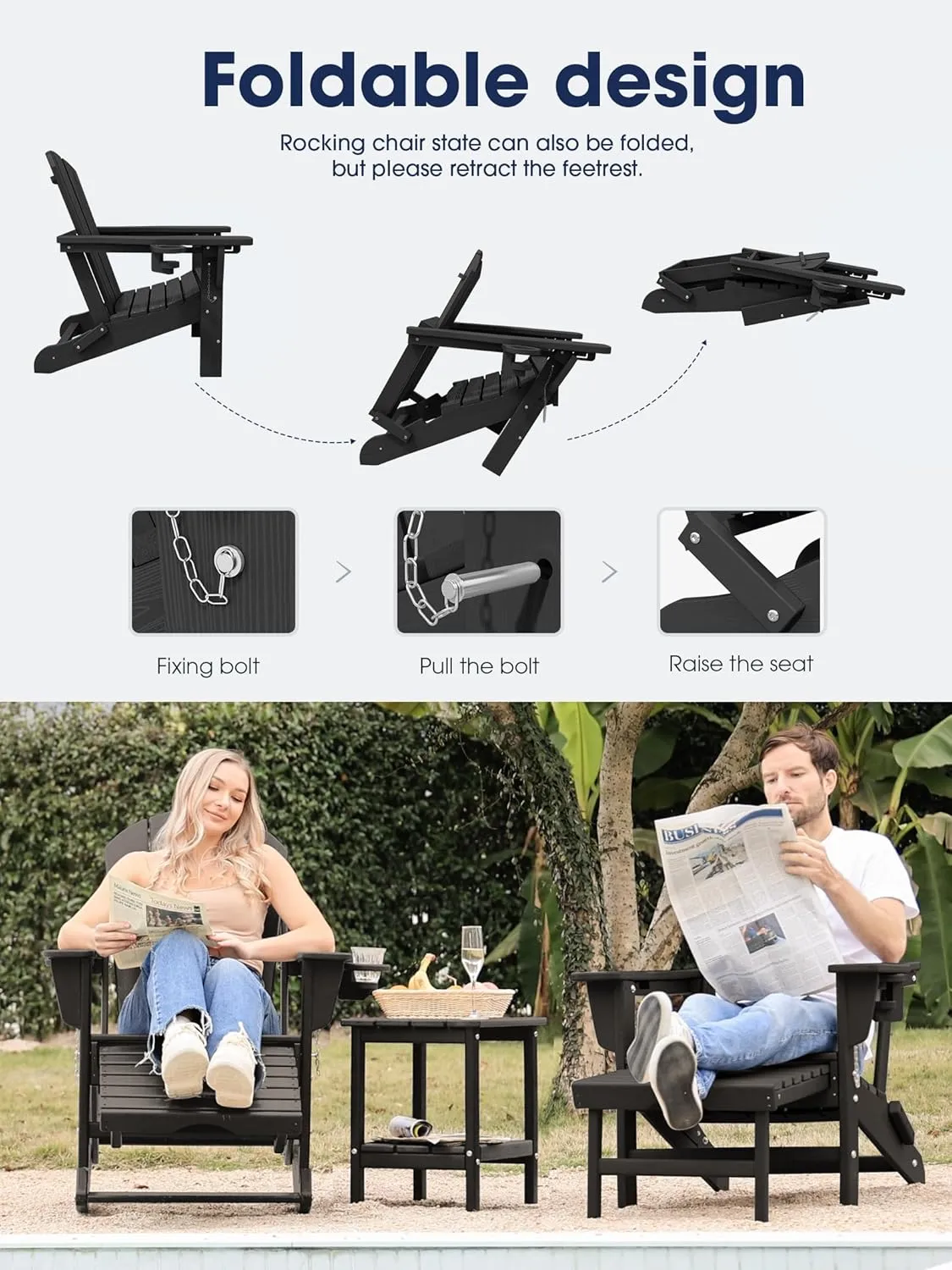 KINGYES Adirondack Rocking Chair with Retractable Ottoman and Cup Holders, HDPE Adirondack Rocker Patio Rocking Chair for Porch, Patio, Balcony, Black