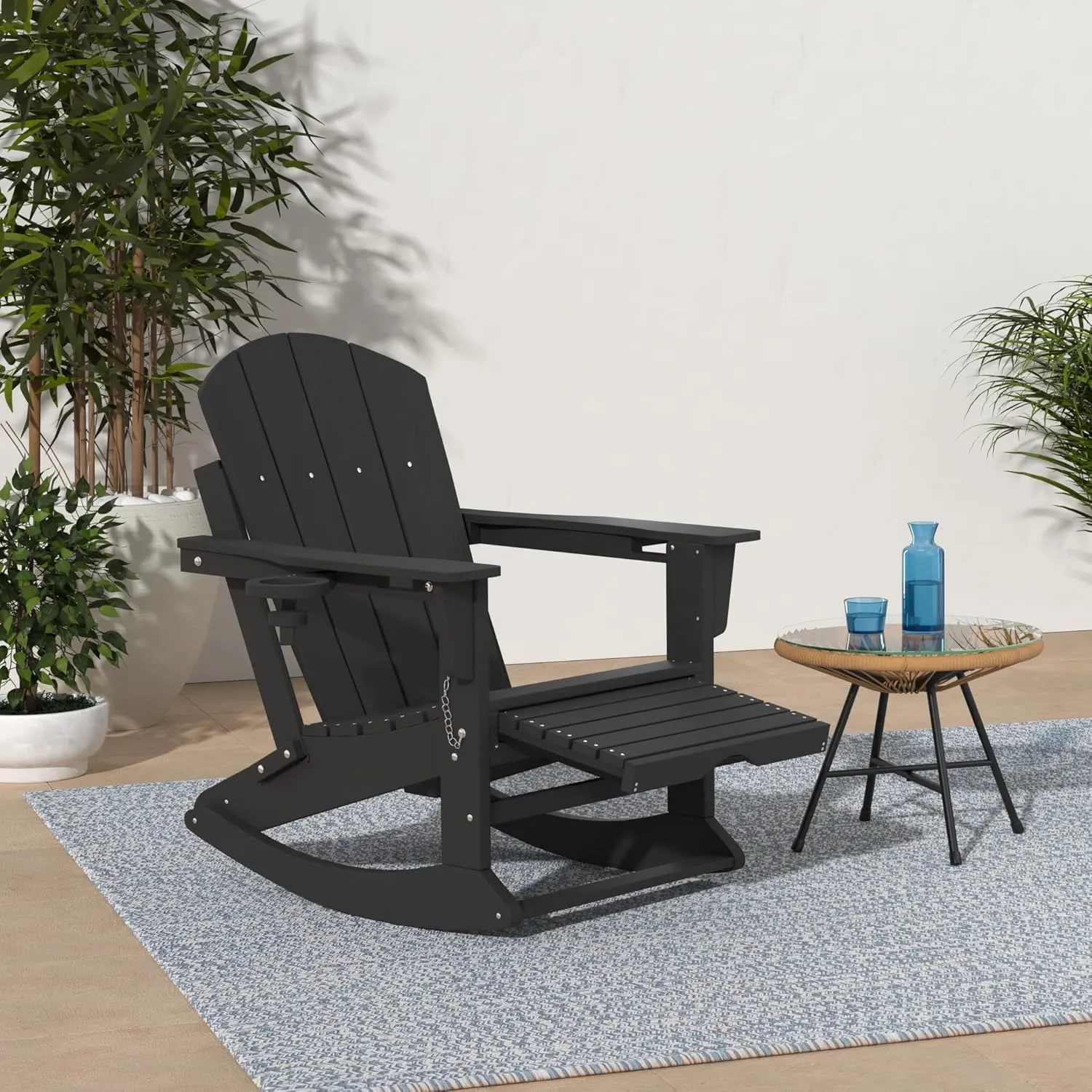 KINGYES Adirondack Rocking Chair with Retractable Ottoman and Cup Holders, HDPE Adirondack Rocker Patio Rocking Chair for Porch, Patio, Balcony, Black
