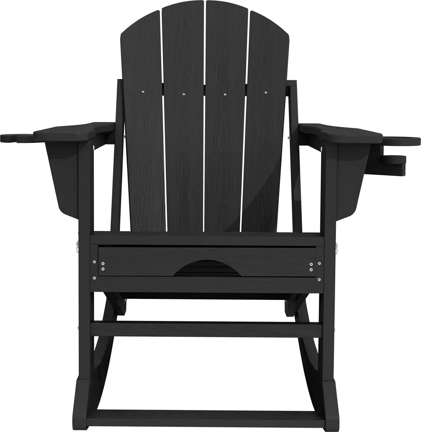 KINGYES Adirondack Rocking Chair with Retractable Ottoman and Cup Holders, HDPE Adirondack Rocker Patio Rocking Chair for Porch, Patio, Balcony, Black