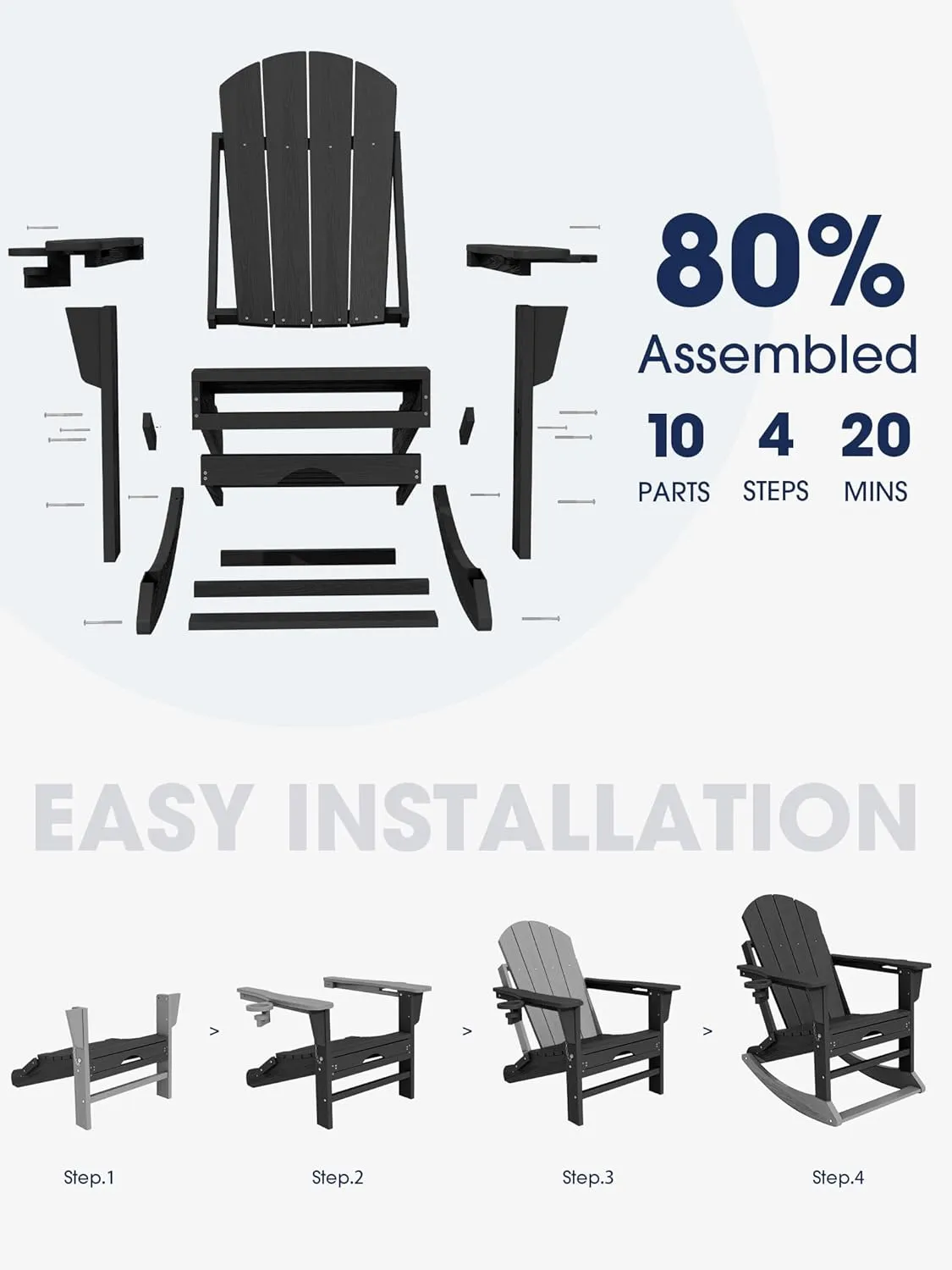 KINGYES Adirondack Rocking Chair with Retractable Ottoman and Cup Holders, HDPE Adirondack Rocker Patio Rocking Chair for Porch, Patio, Balcony, Black