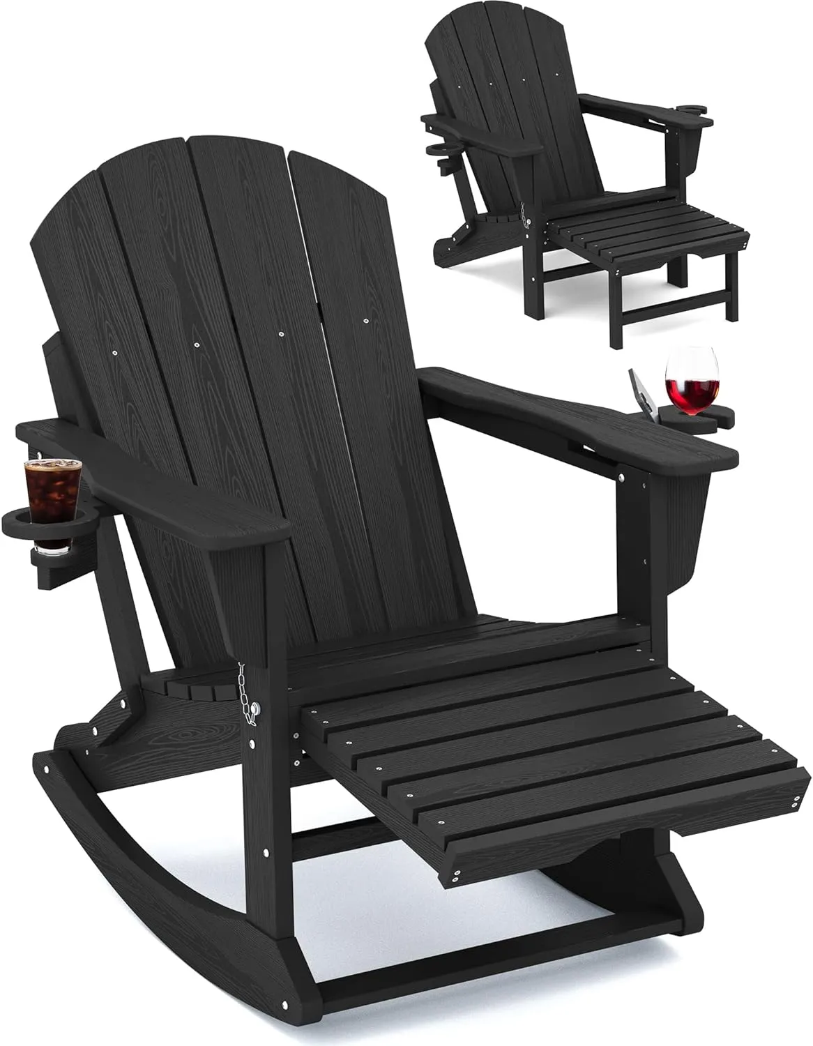 KINGYES Adirondack Rocking Chair with Retractable Ottoman and Cup Holders, HDPE Adirondack Rocker Patio Rocking Chair for Porch, Patio, Balcony, Black