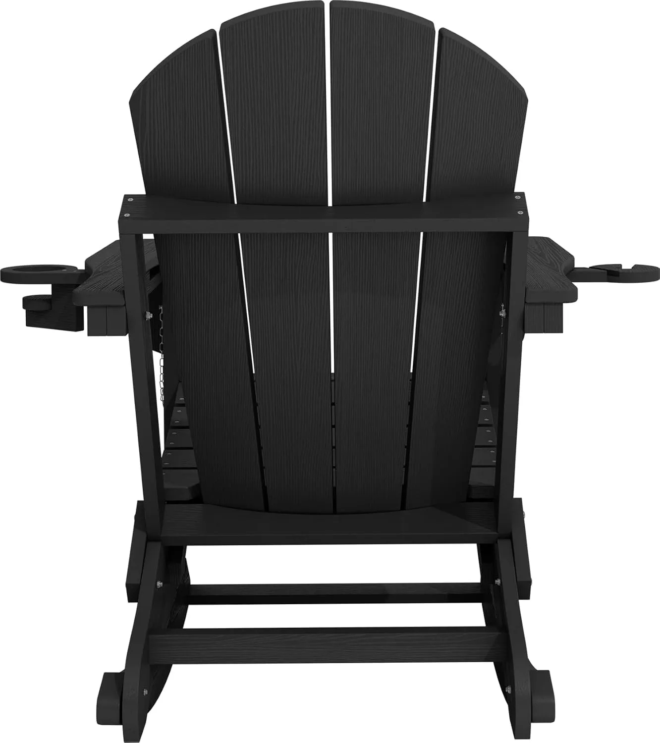 KINGYES Adirondack Rocking Chair with Retractable Ottoman and Cup Holders, HDPE Adirondack Rocker Patio Rocking Chair for Porch, Patio, Balcony, Black