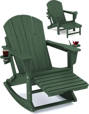 KINGYES Adirondack Rocking Chair with Retractable Ottoman and Cup Holders, HDPE Adirondack Rocker Patio Rocking Chair for Porch, Patio, Balcony, Green