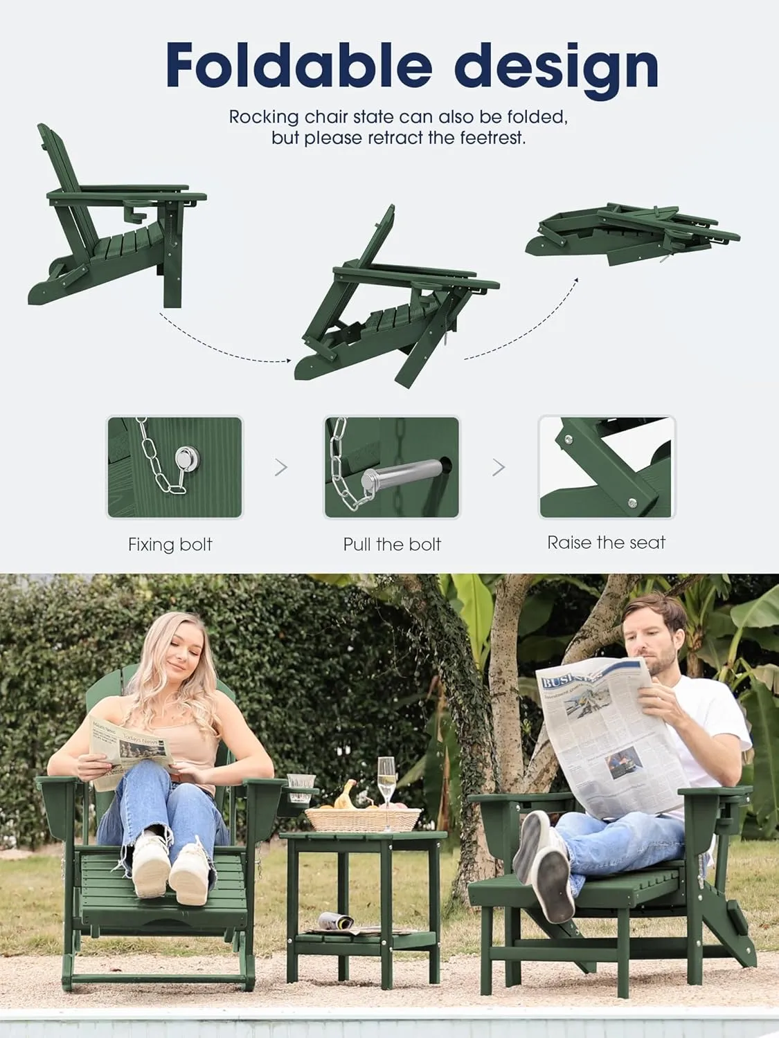 KINGYES Adirondack Rocking Chair with Retractable Ottoman and Cup Holders, HDPE Adirondack Rocker Patio Rocking Chair for Porch, Patio, Balcony, Green