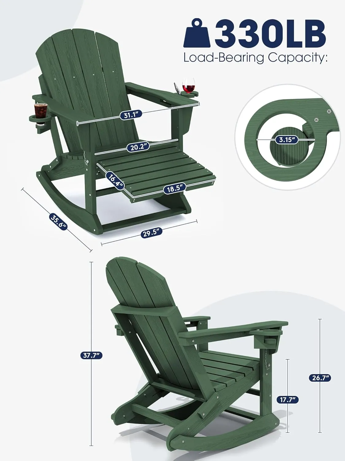 KINGYES Adirondack Rocking Chair with Retractable Ottoman and Cup Holders, HDPE Adirondack Rocker Patio Rocking Chair for Porch, Patio, Balcony, Green