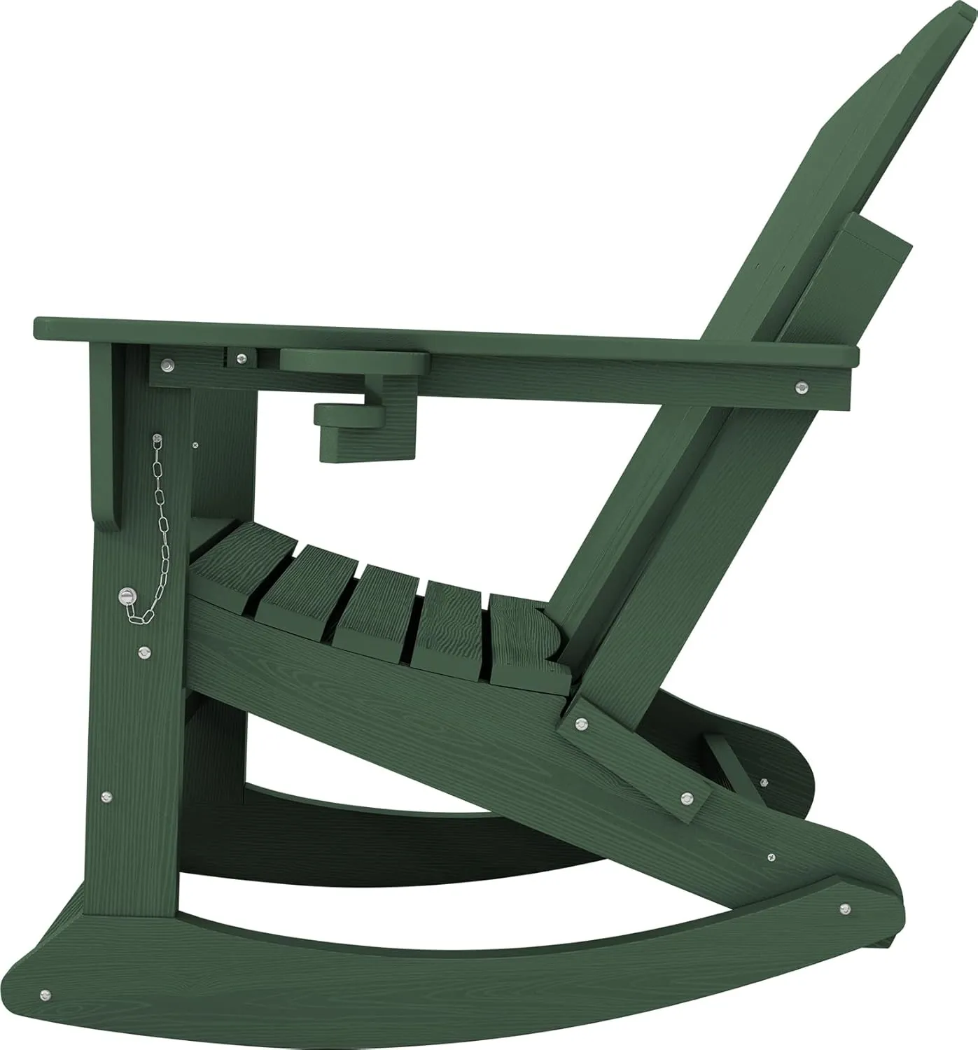 KINGYES Adirondack Rocking Chair with Retractable Ottoman and Cup Holders, HDPE Adirondack Rocker Patio Rocking Chair for Porch, Patio, Balcony, Green