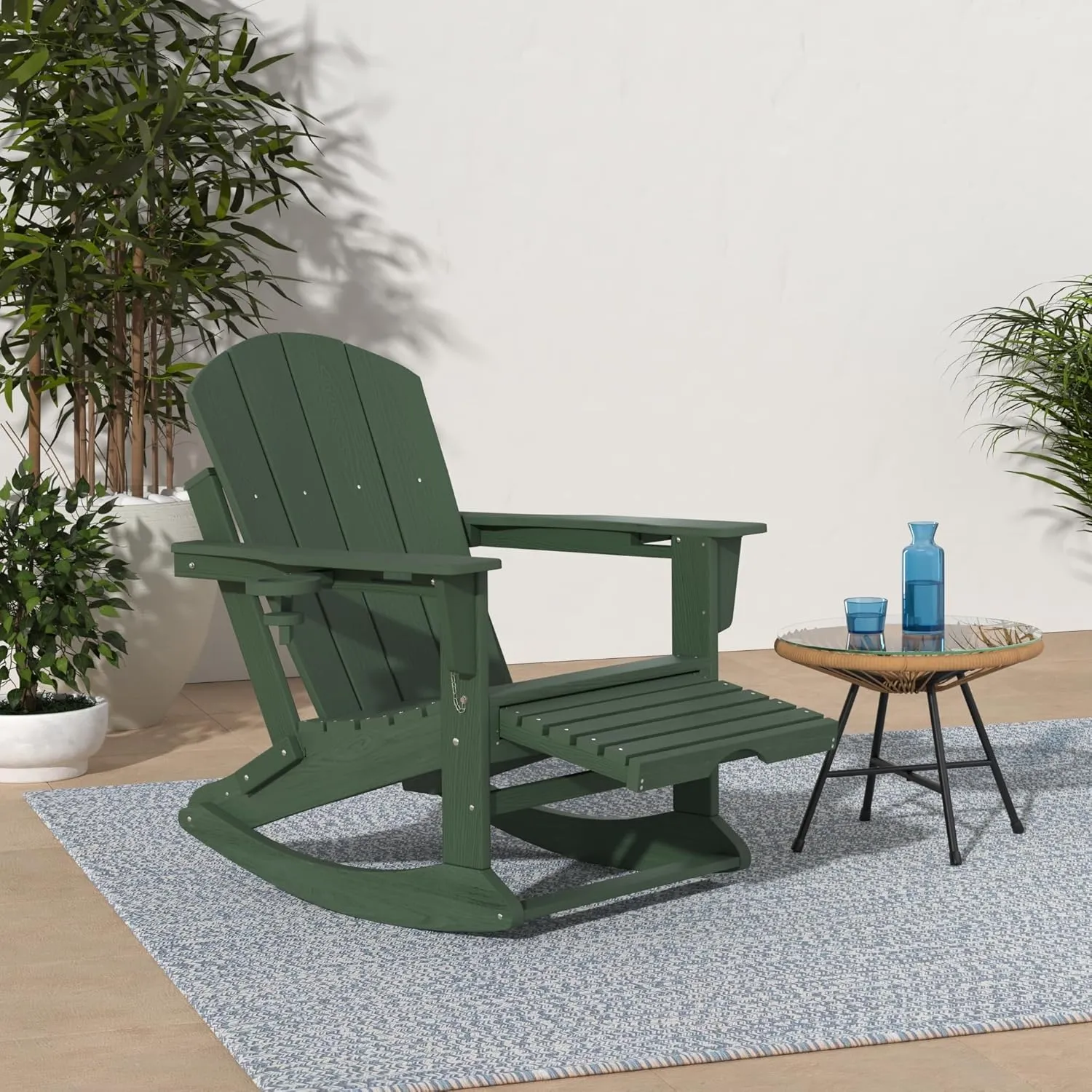 KINGYES Adirondack Rocking Chair with Retractable Ottoman and Cup Holders, HDPE Adirondack Rocker Patio Rocking Chair for Porch, Patio, Balcony, Green