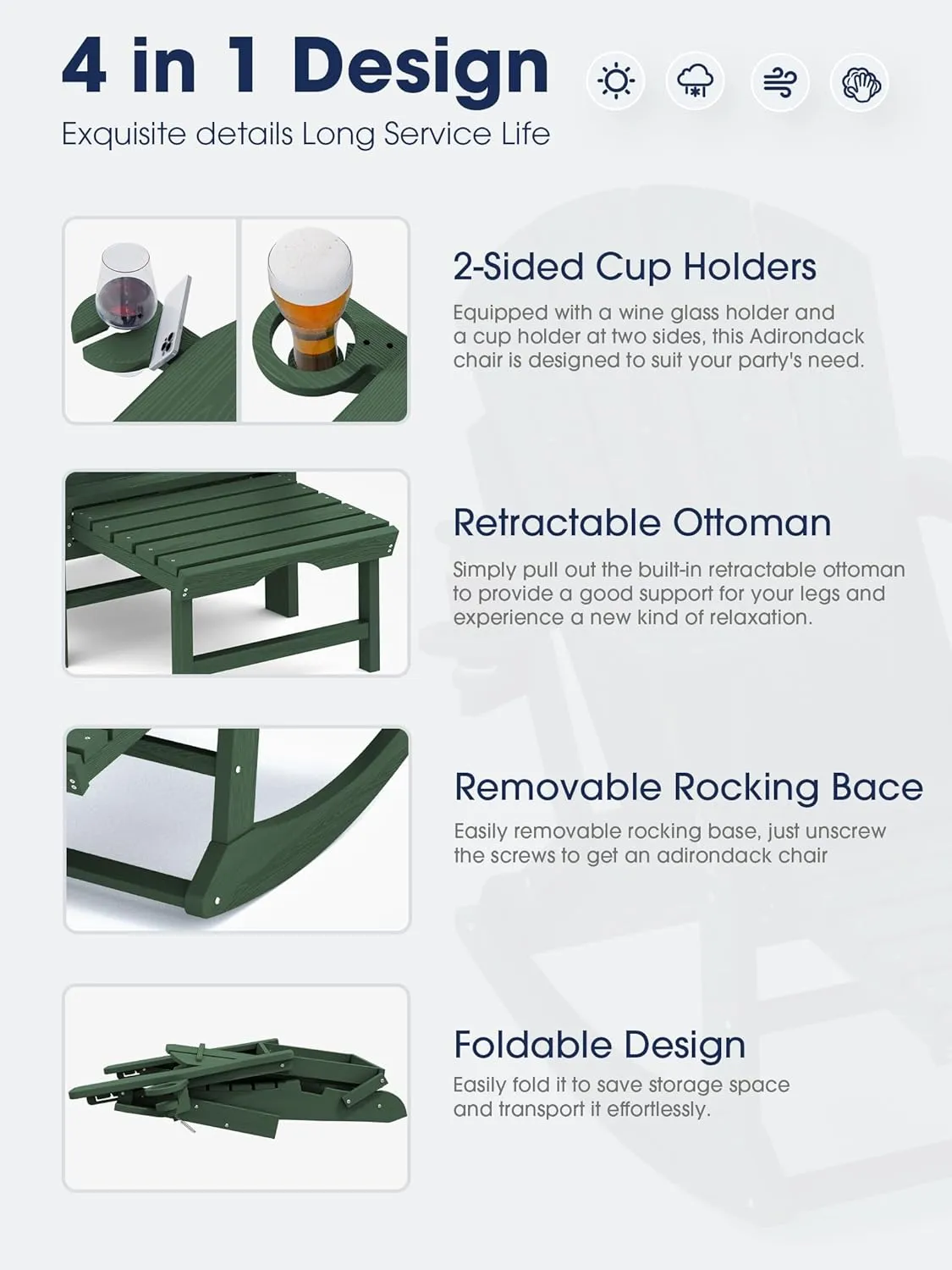 KINGYES Adirondack Rocking Chair with Retractable Ottoman and Cup Holders, HDPE Adirondack Rocker Patio Rocking Chair for Porch, Patio, Balcony, Green