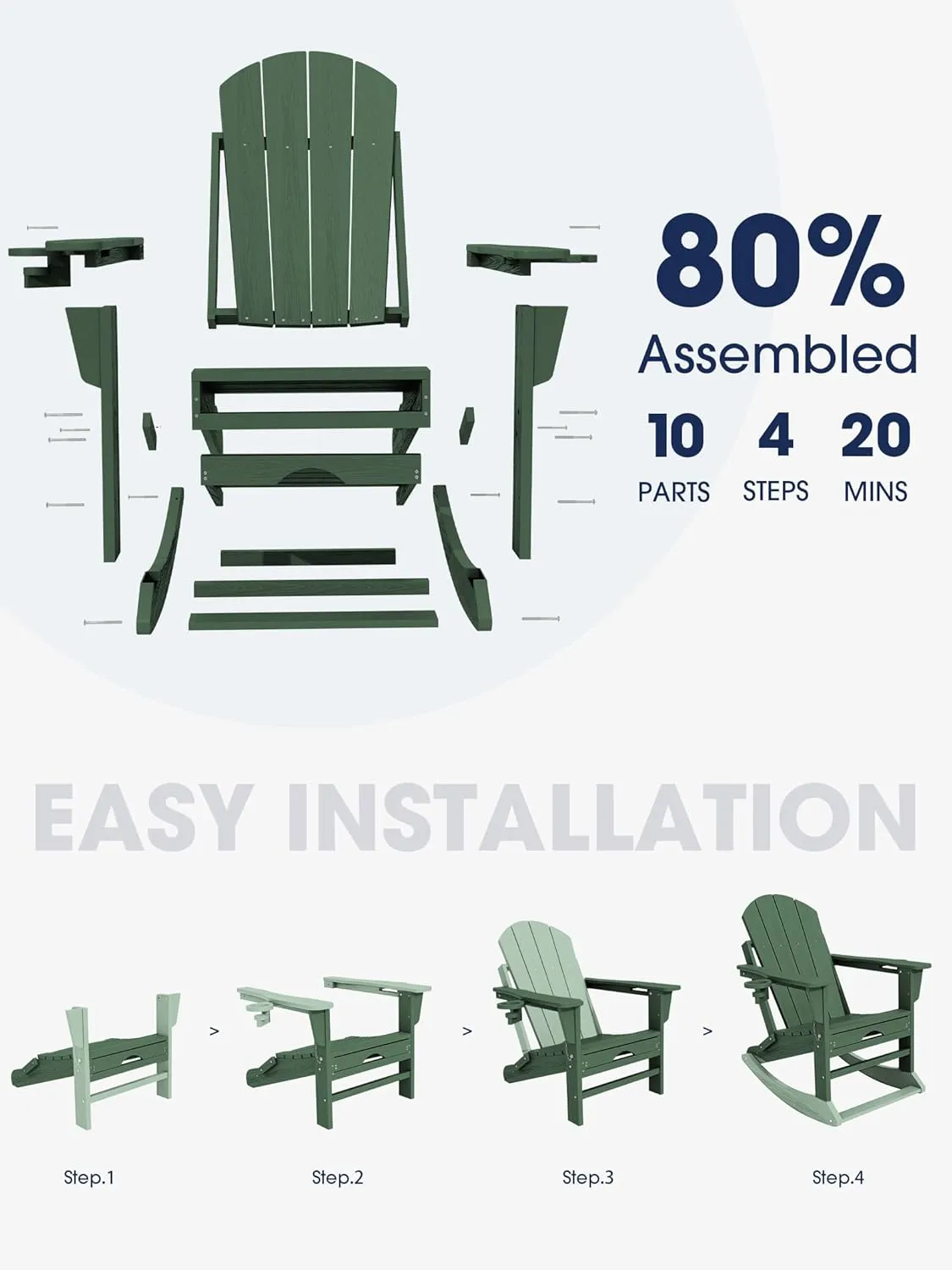 KINGYES Adirondack Rocking Chair with Retractable Ottoman and Cup Holders, HDPE Adirondack Rocker Patio Rocking Chair for Porch, Patio, Balcony, Green