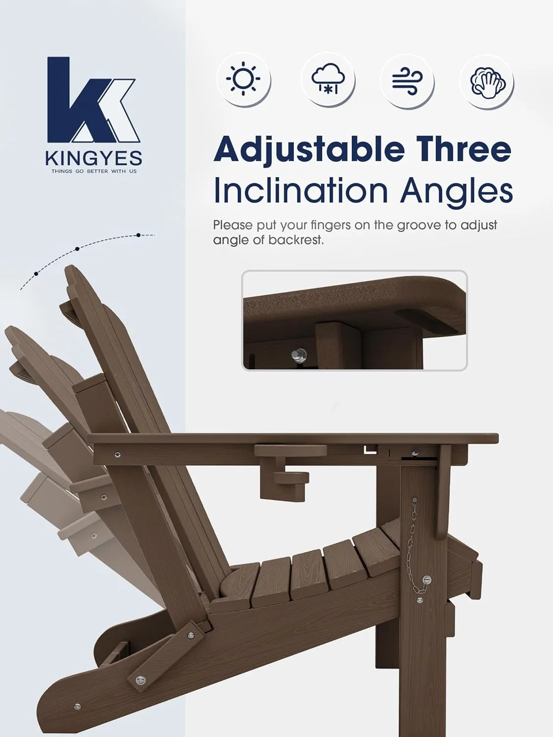 KINGYES Folding Adjustable Adirondack Chair, HDPE Reclining Adirondack Chair with Cup Holder, All Weather Use Oversize Adirondack Outdoor Chair, Coffee