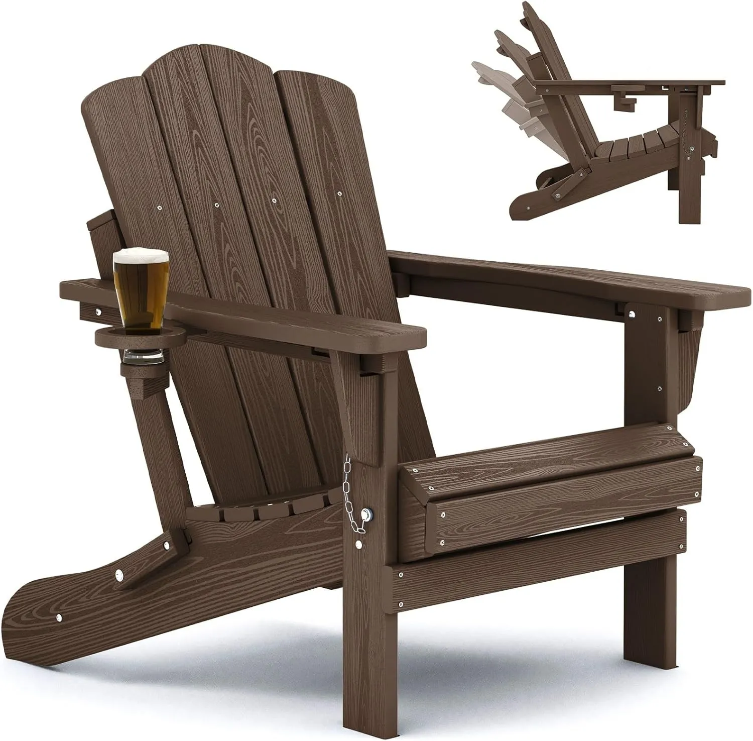 KINGYES Folding Adjustable Adirondack Chair, HDPE Reclining Adirondack Chair with Cup Holder, All Weather Use Oversize Adirondack Outdoor Chair, Coffee