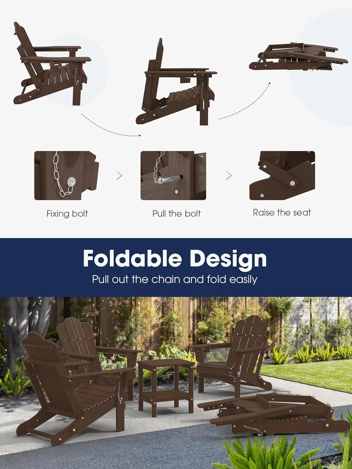 KINGYES Folding Adjustable Adirondack Chair, HDPE Reclining Adirondack Chair with Cup Holder, All Weather Use Oversize Adirondack Outdoor Chair, Coffee