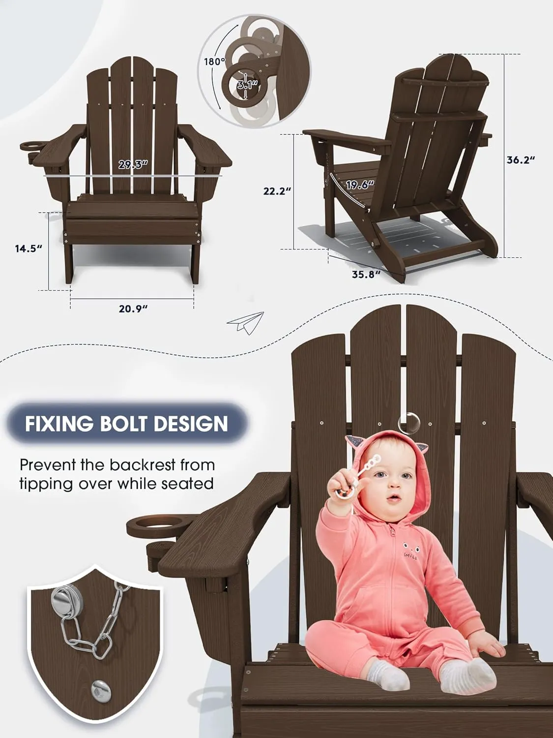 KINGYES Folding Adjustable Adirondack Chair, HDPE Reclining Adirondack Chair with Cup Holder, All Weather Use Oversize Adirondack Outdoor Chair, Coffee