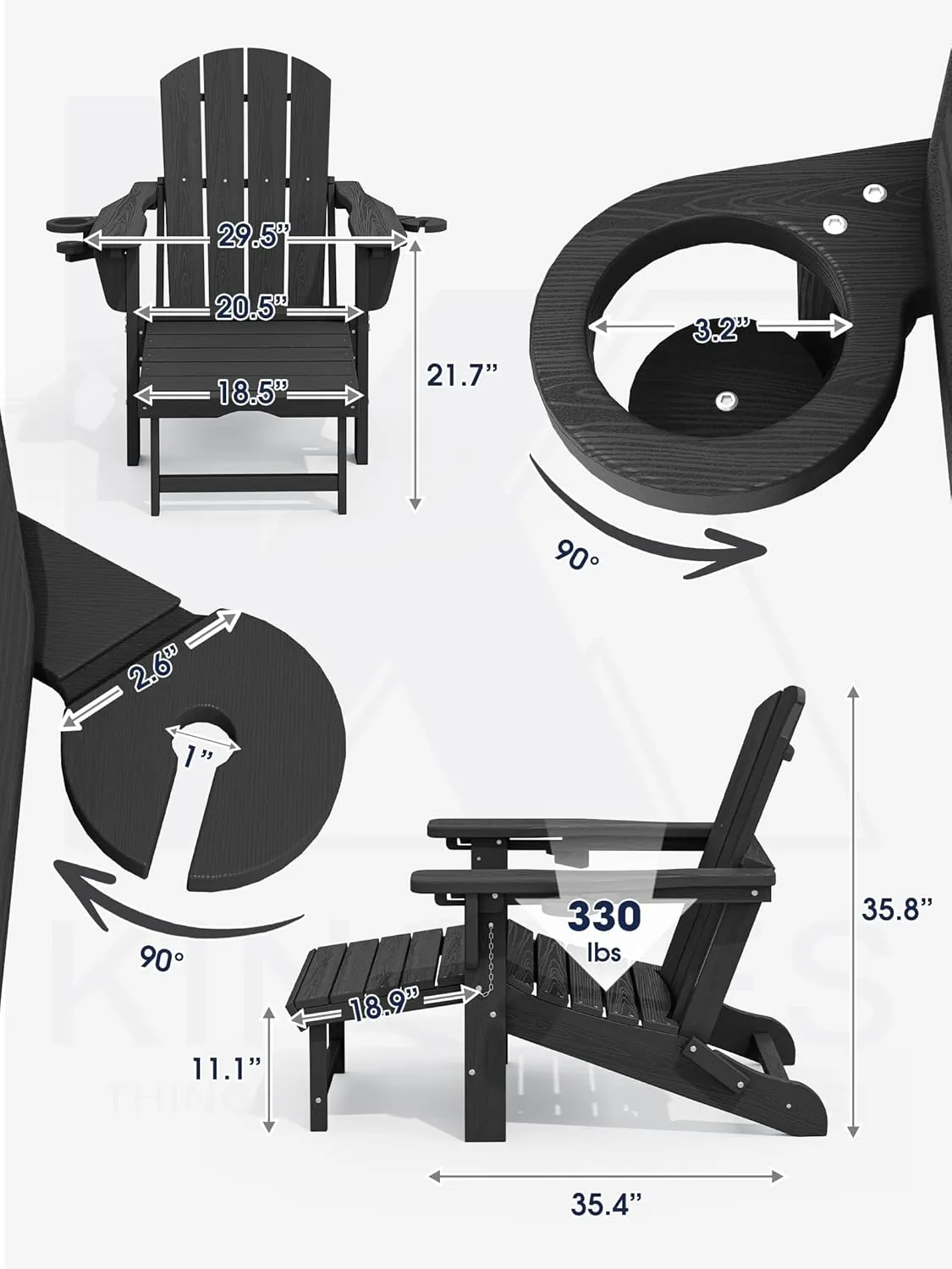 KINGYES Folding Adjustable Adirondack Chair with Retractable Ottoman, HDPE Reclining Adirondack Chair with Cup Holder, Black