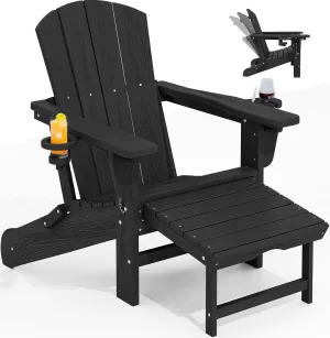 KINGYES Folding Adjustable Adirondack Chair with Retractable Ottoman, HDPE Reclining Adirondack Chair with Cup Holder, Black