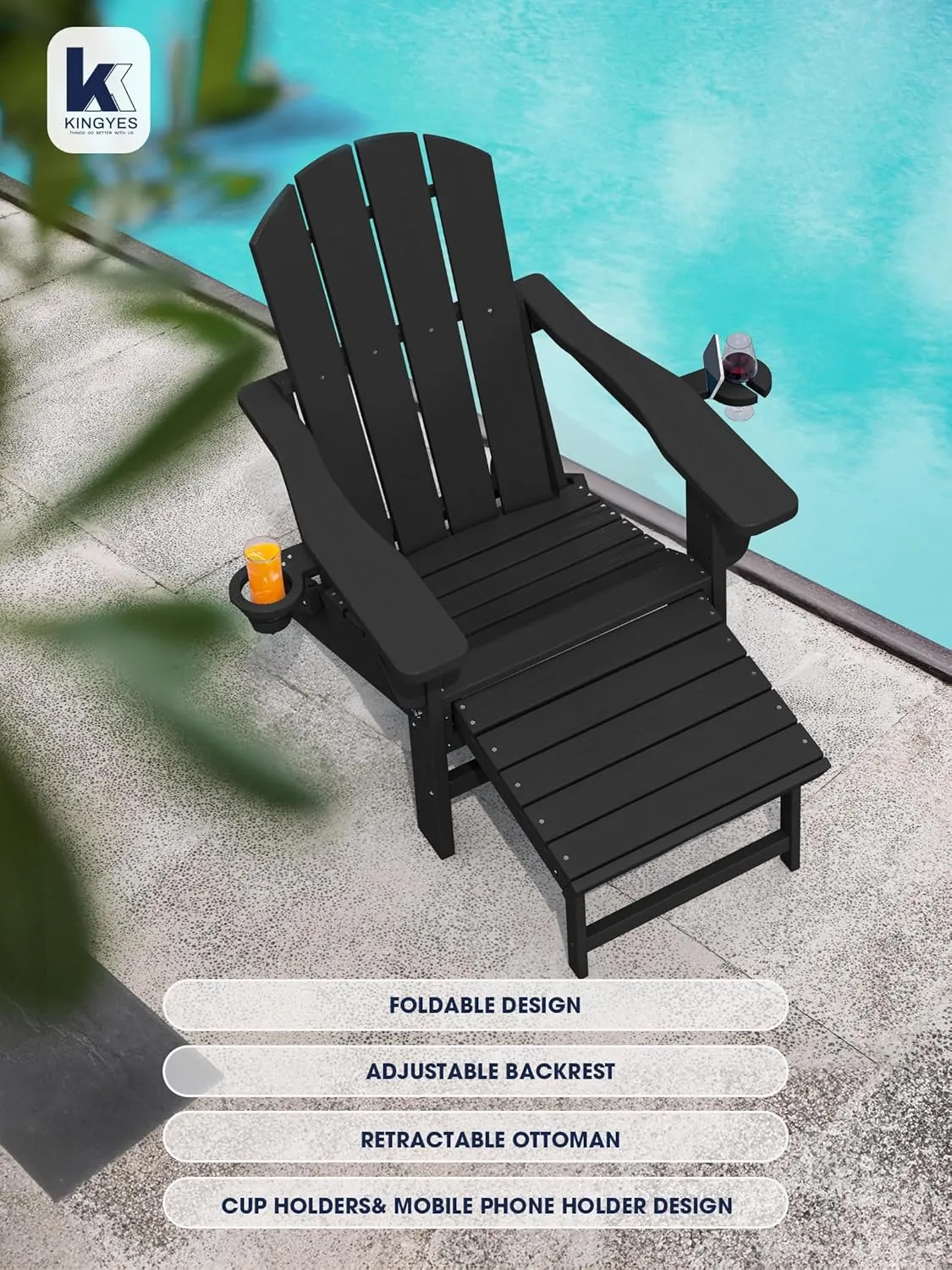 KINGYES Folding Adjustable Adirondack Chair with Retractable Ottoman, HDPE Reclining Adirondack Chair with Cup Holder, Black