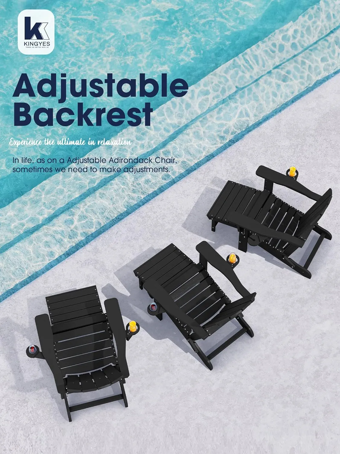 KINGYES Folding Adjustable Adirondack Chair with Retractable Ottoman, HDPE Reclining Adirondack Chair with Cup Holder, Black