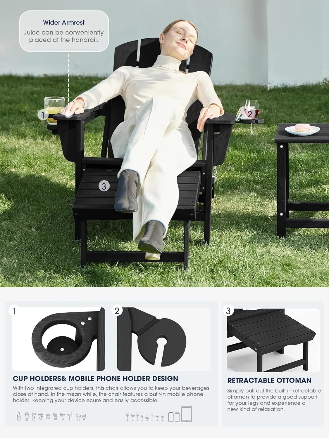 KINGYES Folding Adjustable Adirondack Chair with Retractable Ottoman, HDPE Reclining Adirondack Chair with Cup Holder, Black