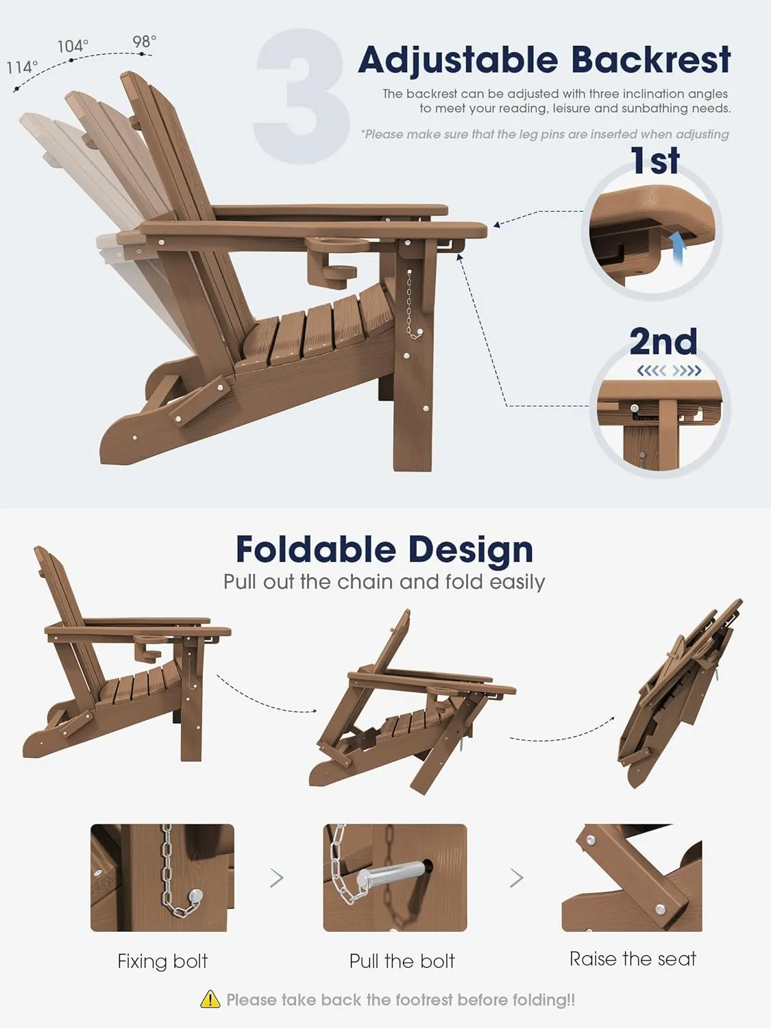KINGYES Folding Adjustable Adirondack Chair with Retractable Ottoman, HDPE Weather Resistance Oversized Outdoor Chair with Cup Holder, Wood-Like Reclining Versatile Adirondack Chair, Brown