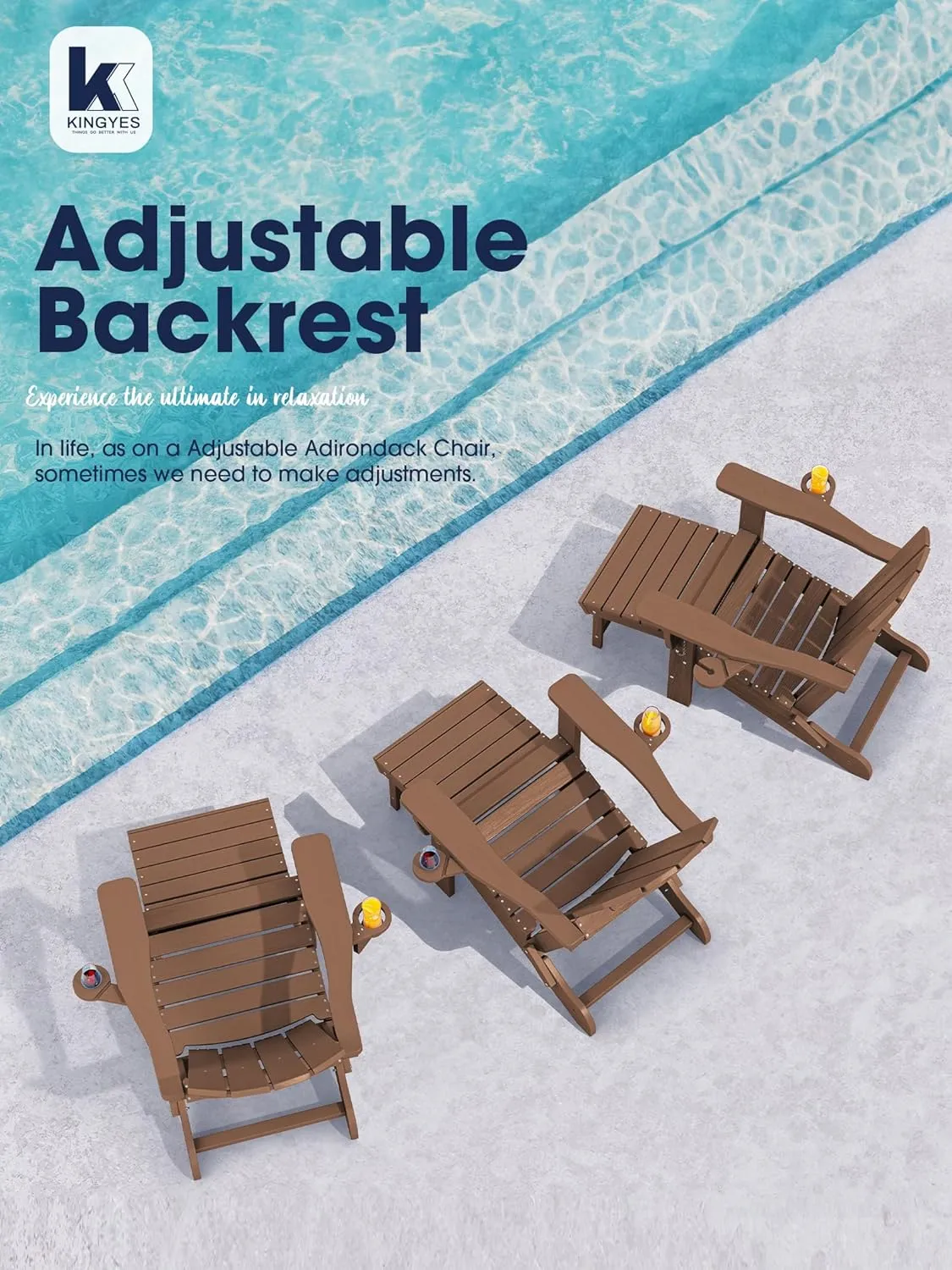KINGYES Folding Adjustable Adirondack Chair with Retractable Ottoman, HDPE Weather Resistance Oversized Outdoor Chair with Cup Holder, Wood-Like Reclining Versatile Adirondack Chair, Brown