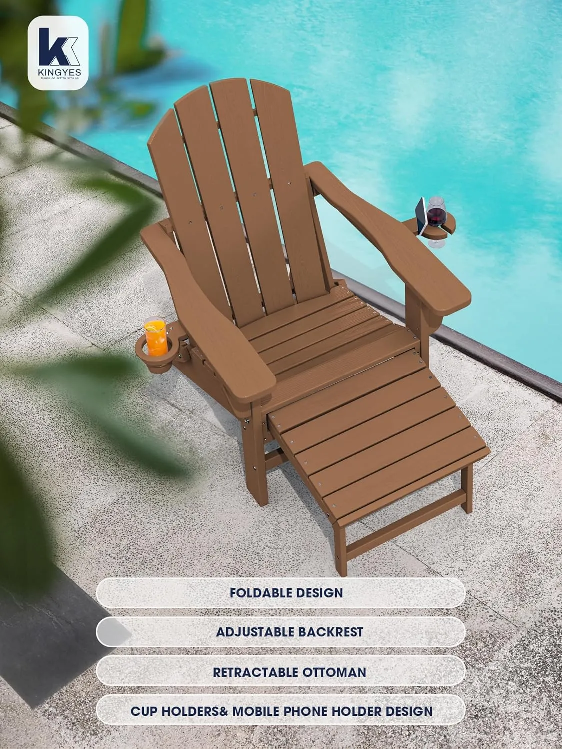 KINGYES Folding Adjustable Adirondack Chair with Retractable Ottoman, HDPE Weather Resistance Oversized Outdoor Chair with Cup Holder, Wood-Like Reclining Versatile Adirondack Chair, Brown