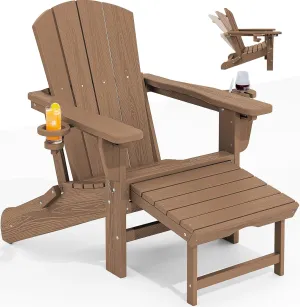 KINGYES Folding Adjustable Adirondack Chair with Retractable Ottoman, HDPE Weather Resistance Oversized Outdoor Chair with Cup Holder, Wood-Like Reclining Versatile Adirondack Chair, Brown