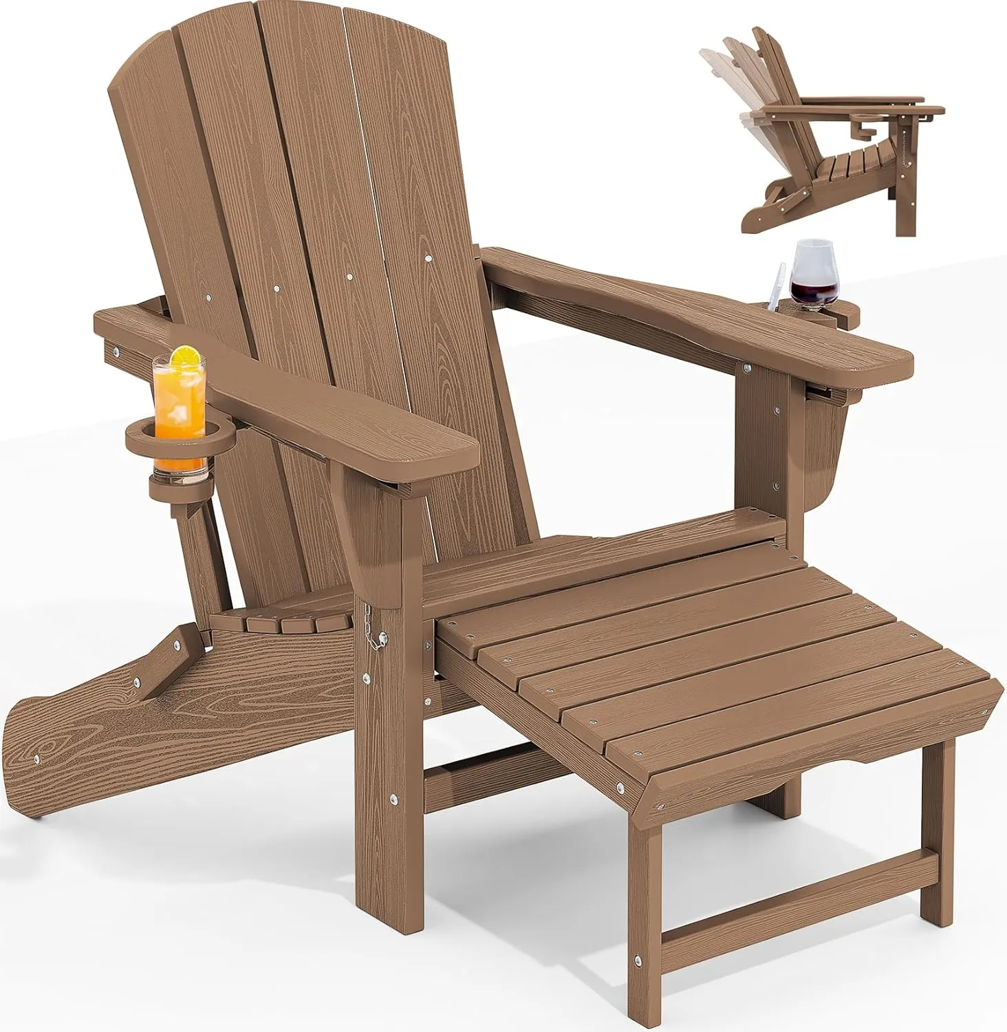 KINGYES Folding Adjustable Adirondack Chair with Retractable Ottoman, HDPE Weather Resistance Oversized Outdoor Chair with Cup Holder, Wood-Like Reclining Versatile Adirondack Chair, Brown