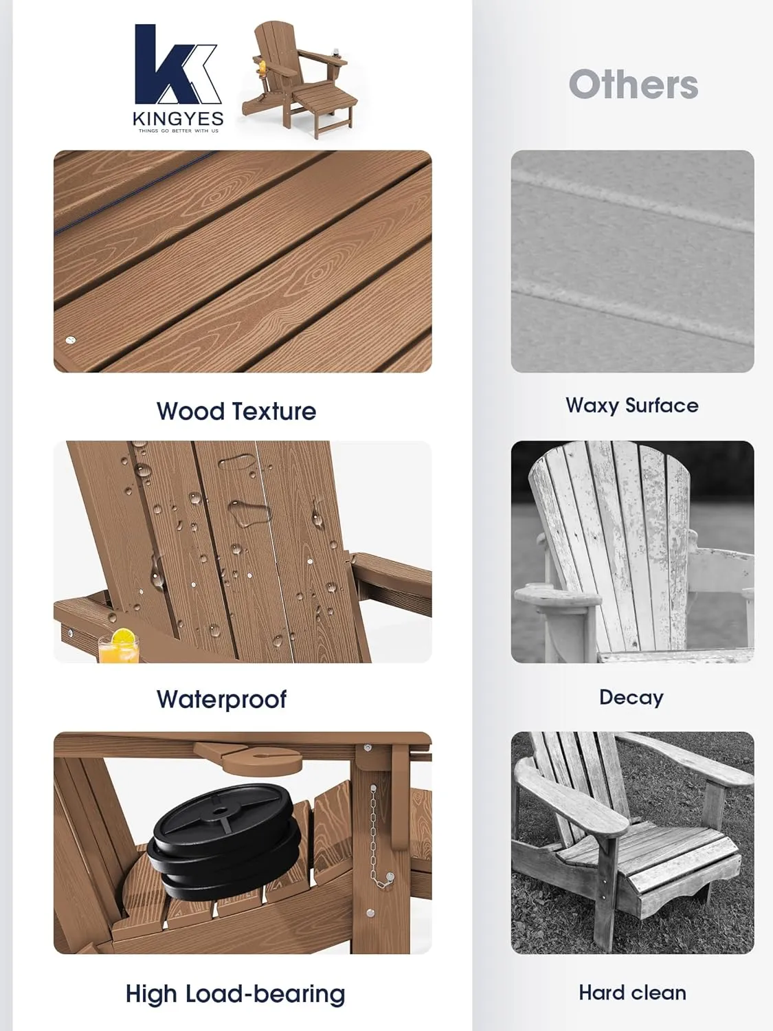 KINGYES Folding Adjustable Adirondack Chair with Retractable Ottoman, HDPE Weather Resistance Oversized Outdoor Chair with Cup Holder, Wood-Like Reclining Versatile Adirondack Chair, Brown