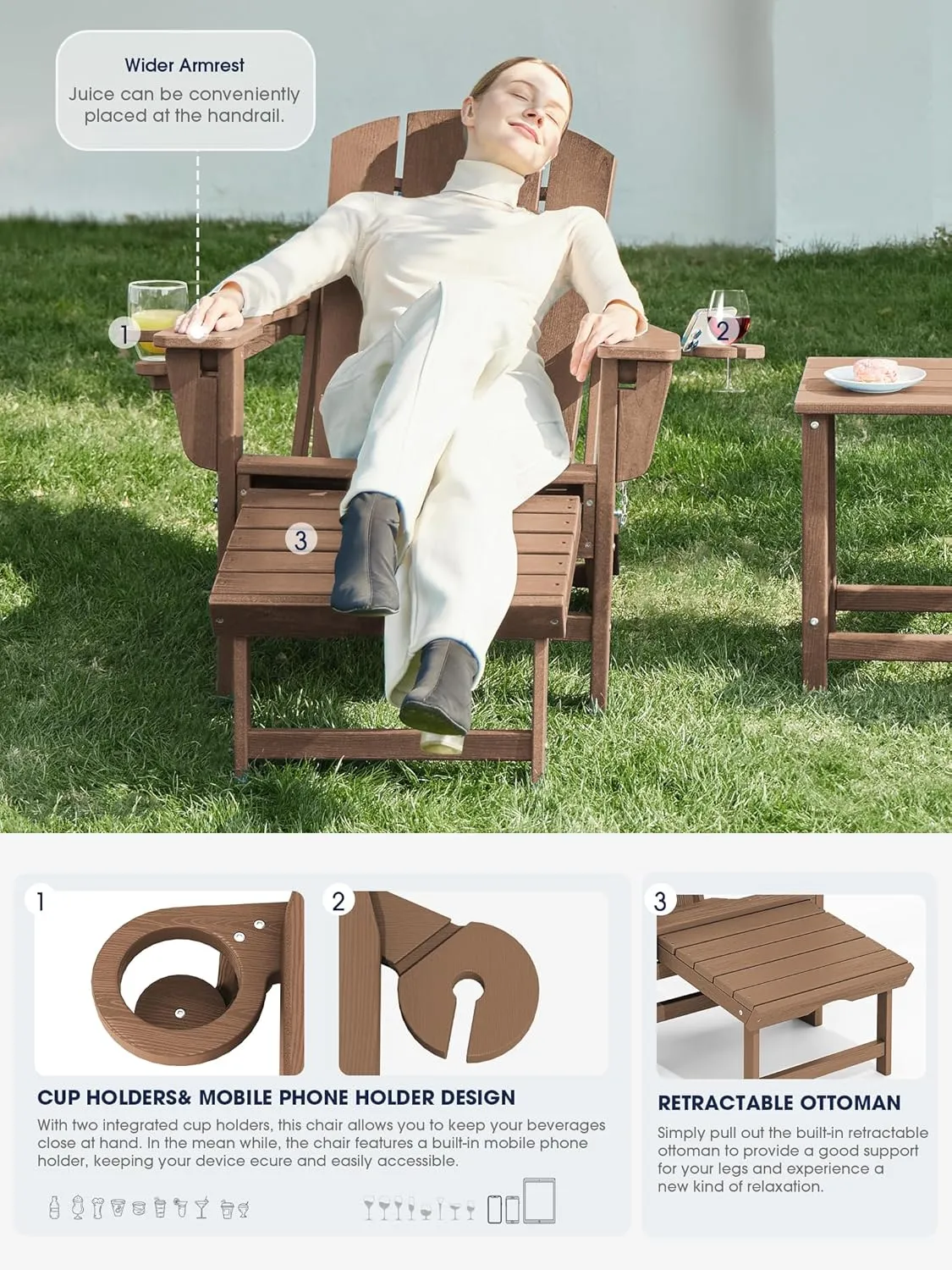 KINGYES Folding Adjustable Adirondack Chair with Retractable Ottoman, HDPE Weather Resistance Oversized Outdoor Chair with Cup Holder, Wood-Like Reclining Versatile Adirondack Chair, Brown