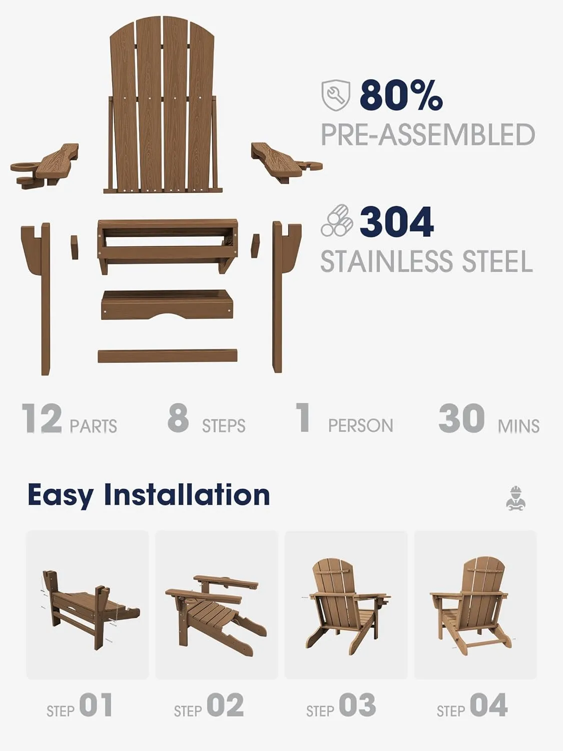 KINGYES Folding Adjustable Adirondack Chair with Retractable Ottoman, HDPE Weather Resistance Oversized Outdoor Chair with Cup Holder, Wood-Like Reclining Versatile Adirondack Chair, Brown