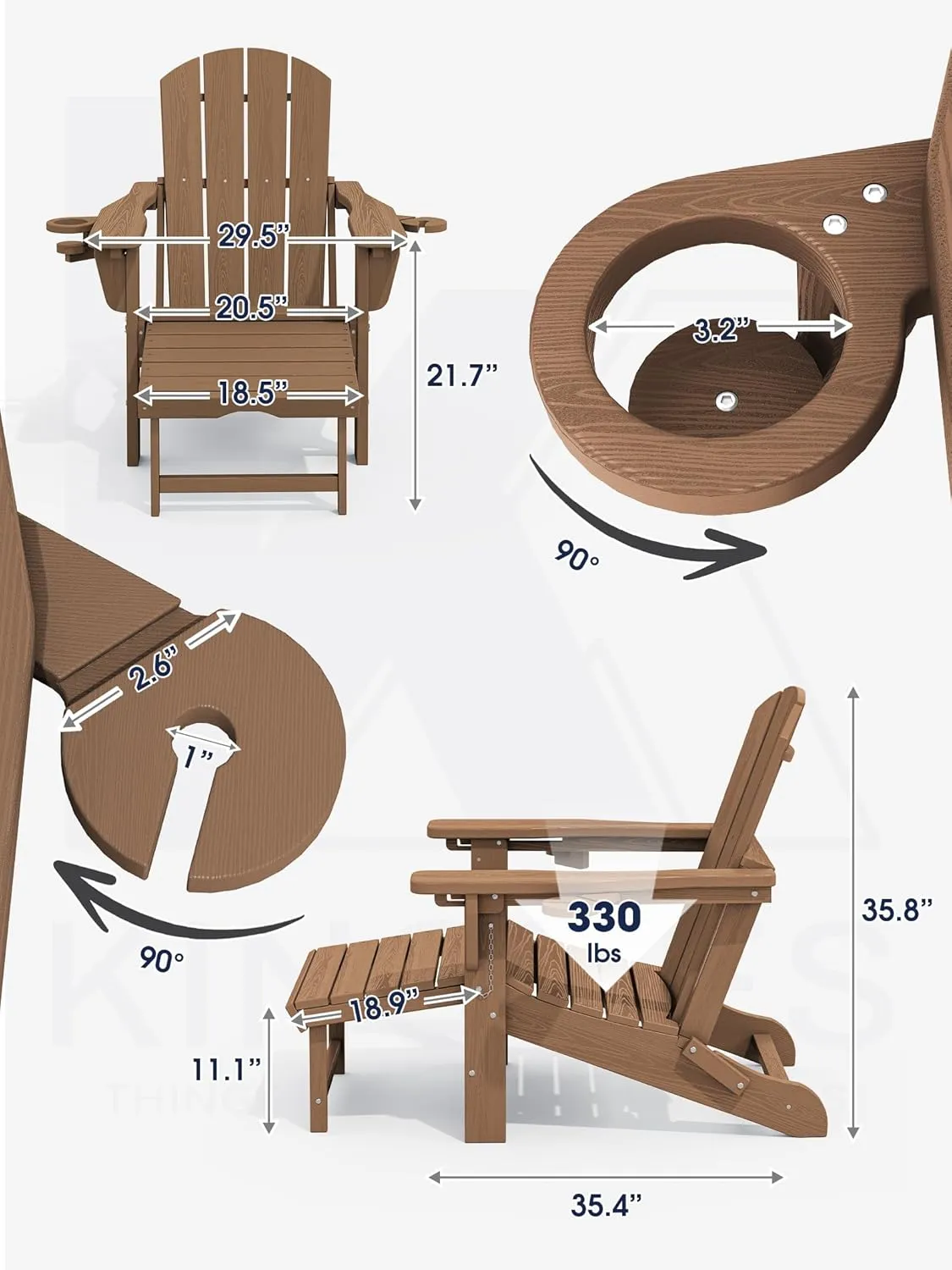 KINGYES Folding Adjustable Adirondack Chair with Retractable Ottoman, HDPE Weather Resistance Oversized Outdoor Chair with Cup Holder, Wood-Like Reclining Versatile Adirondack Chair, Brown