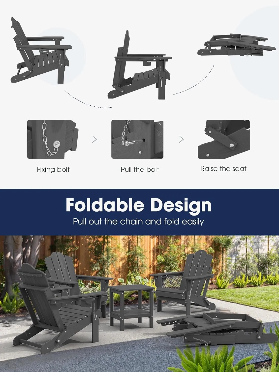 KINGYES Folding Adjustable Backrest Adirondack Chair, Gray