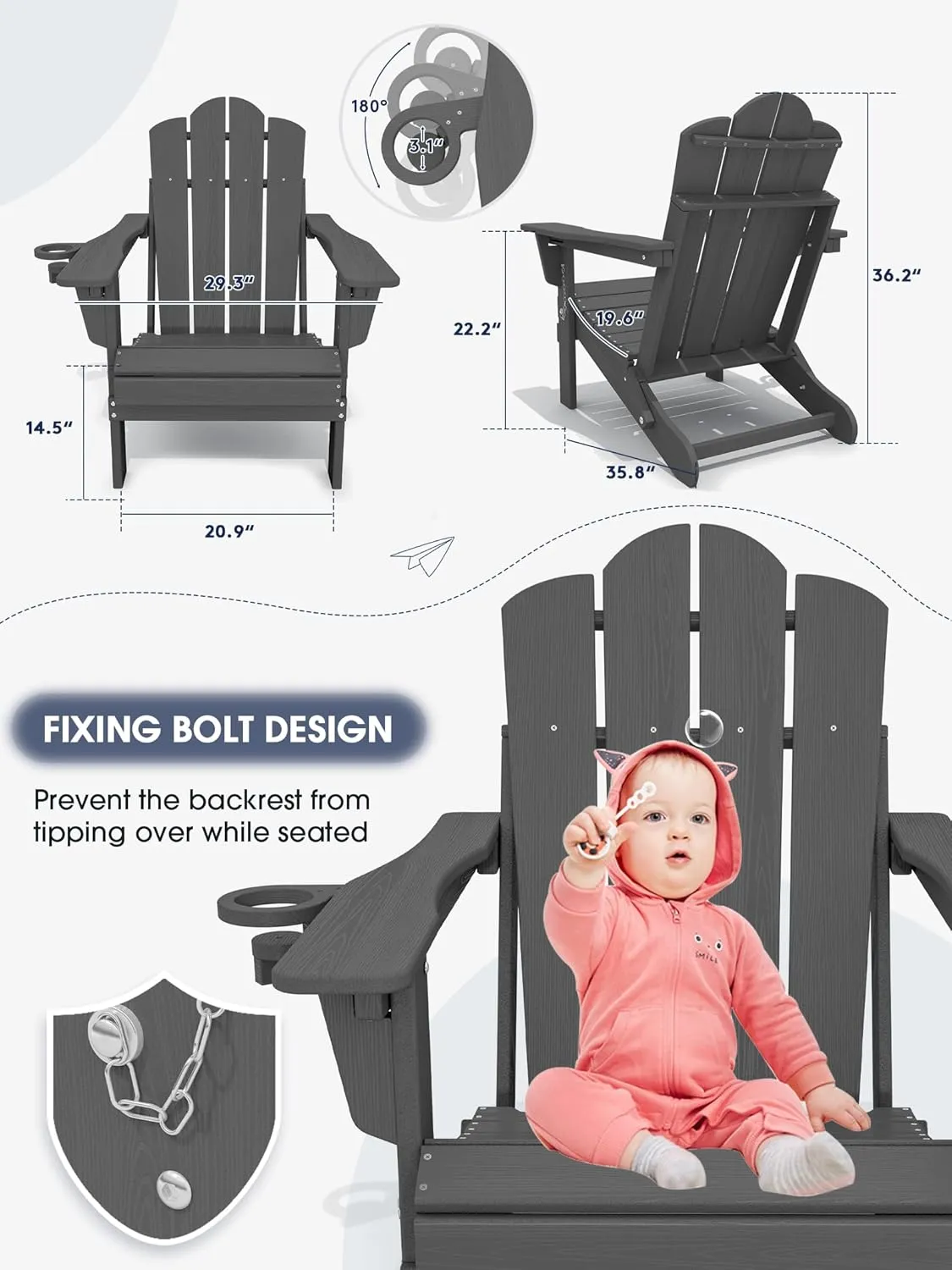 KINGYES Folding Adjustable Backrest Adirondack Chair, Gray