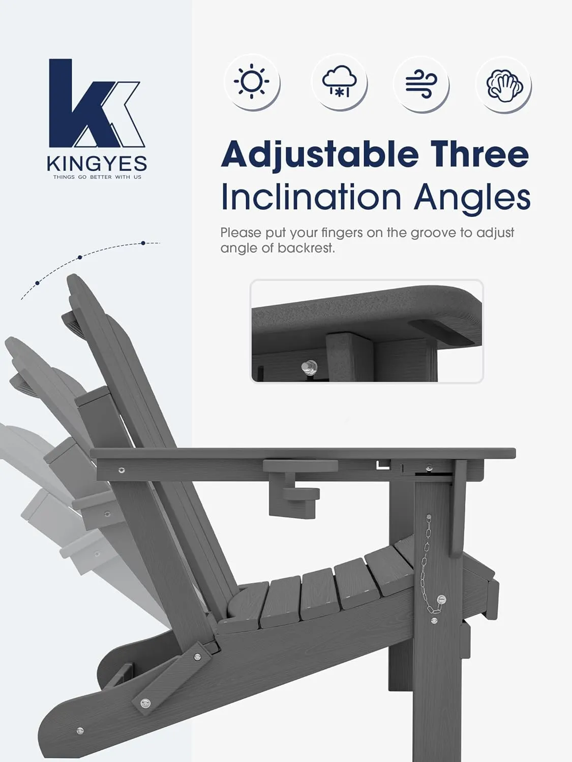 KINGYES Folding Adjustable Backrest Adirondack Chair, Gray
