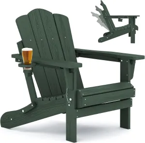 KINGYES Folding Adjustable Backrest Adirondack Chair with Cup Holder, Green