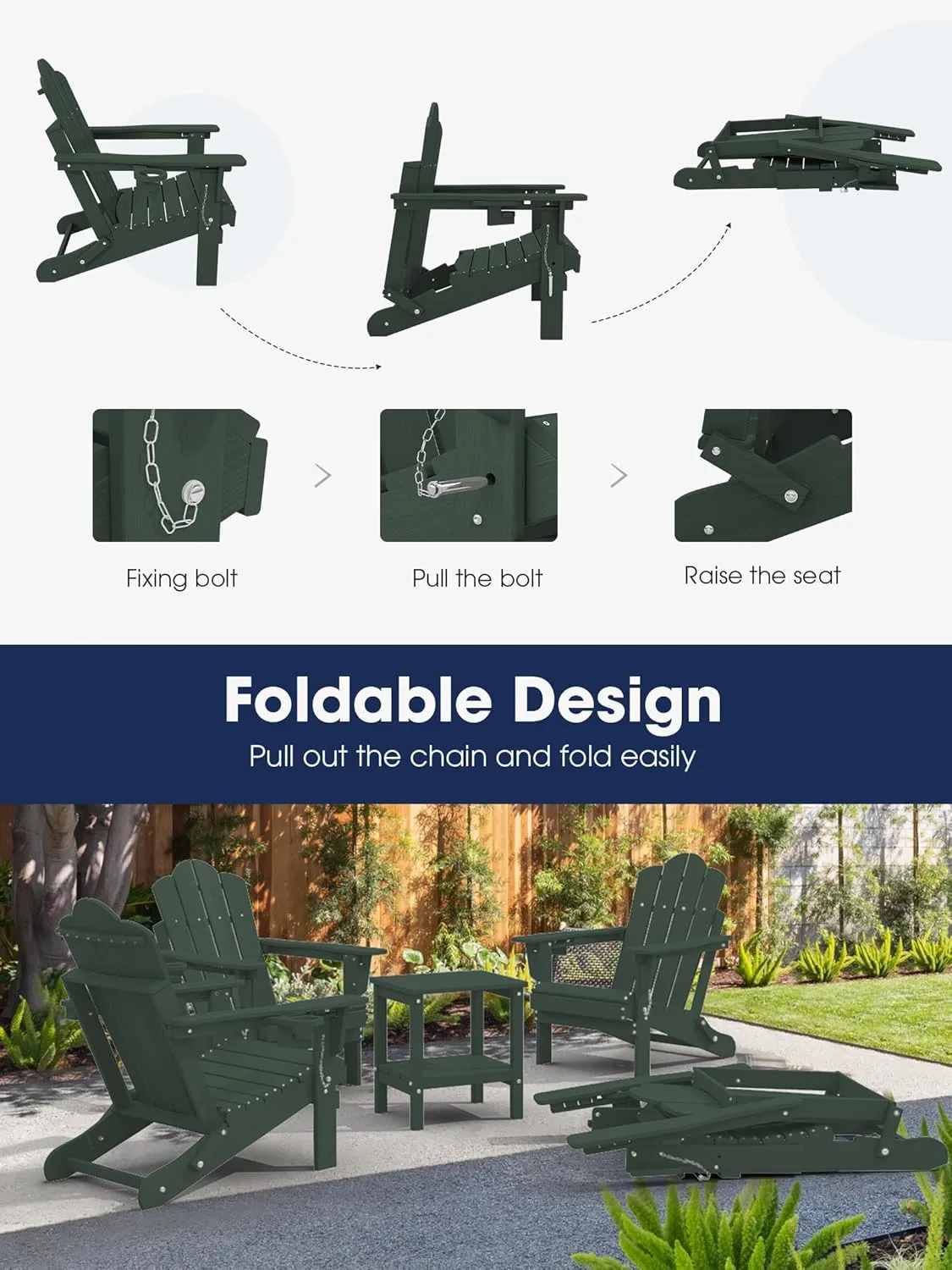 KINGYES Folding Adjustable Backrest Adirondack Chair with Cup Holder, Green