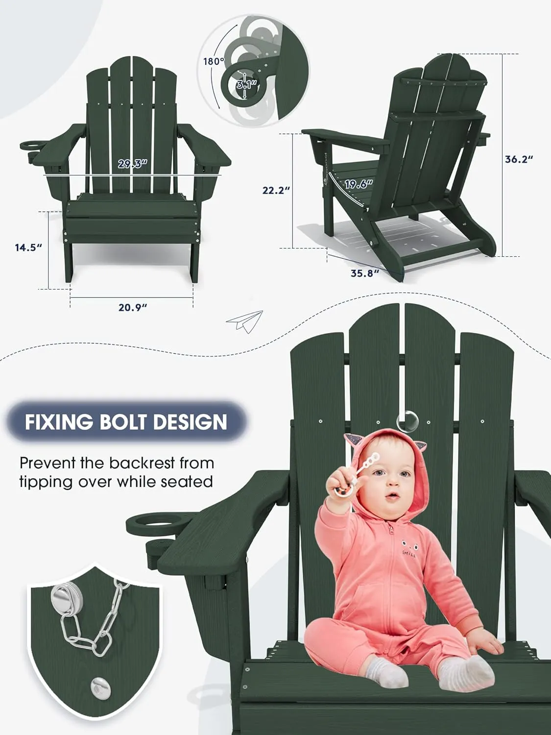 KINGYES Folding Adjustable Backrest Adirondack Chair with Cup Holder, Green